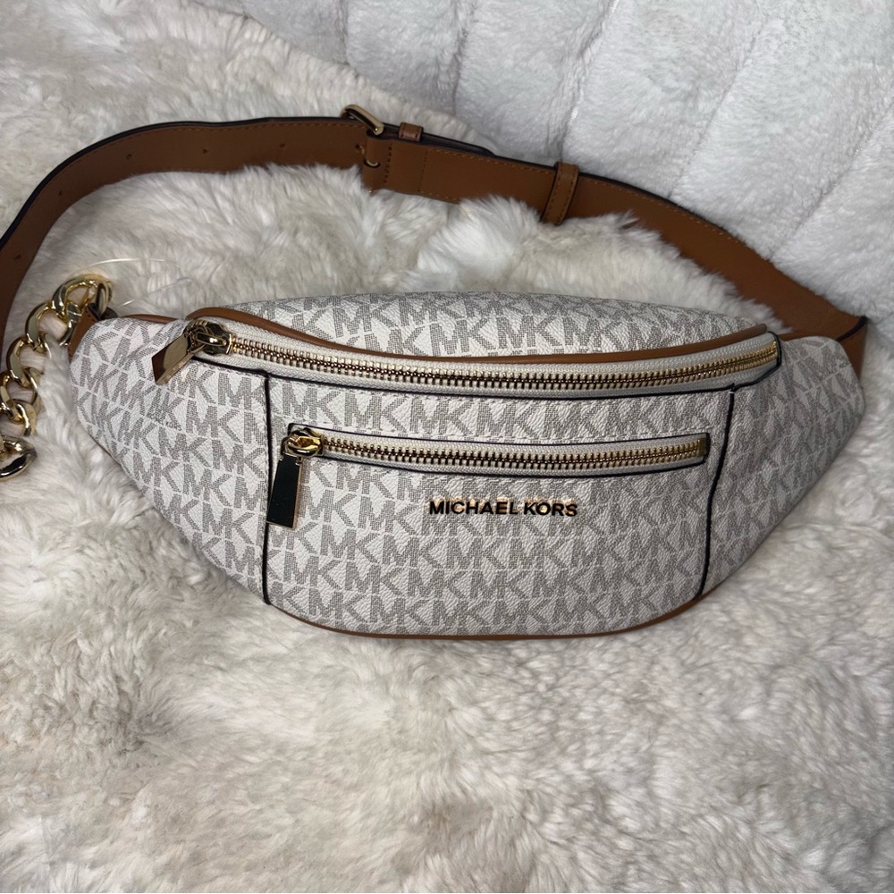Michael Kors White Logo Print Belt Bag with Tan Strap